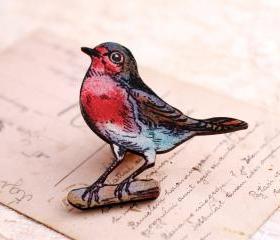 Wooden Robin Brooch, robin redbreast brooch, wooden bird brooch, gift for mum