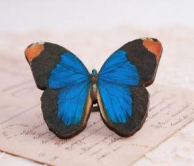 Big Blue butterfly ring, wooden butterfly jewelry, statement ring, royal blue, nature lover