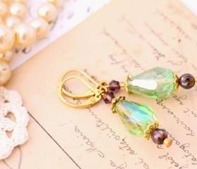Jewel tone beaded dangle earrings, green and purple earrings, green bridal jewelry, sparkly earrings