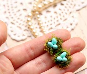 Birds nest earrings, robins egg blue, birds egg earrings, nature jewelry, blue and green