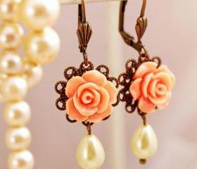 Peach rose and pearl earrings, rose bridal earrings, pastel earrings, romantic pearl earrings, floral dangle earrings