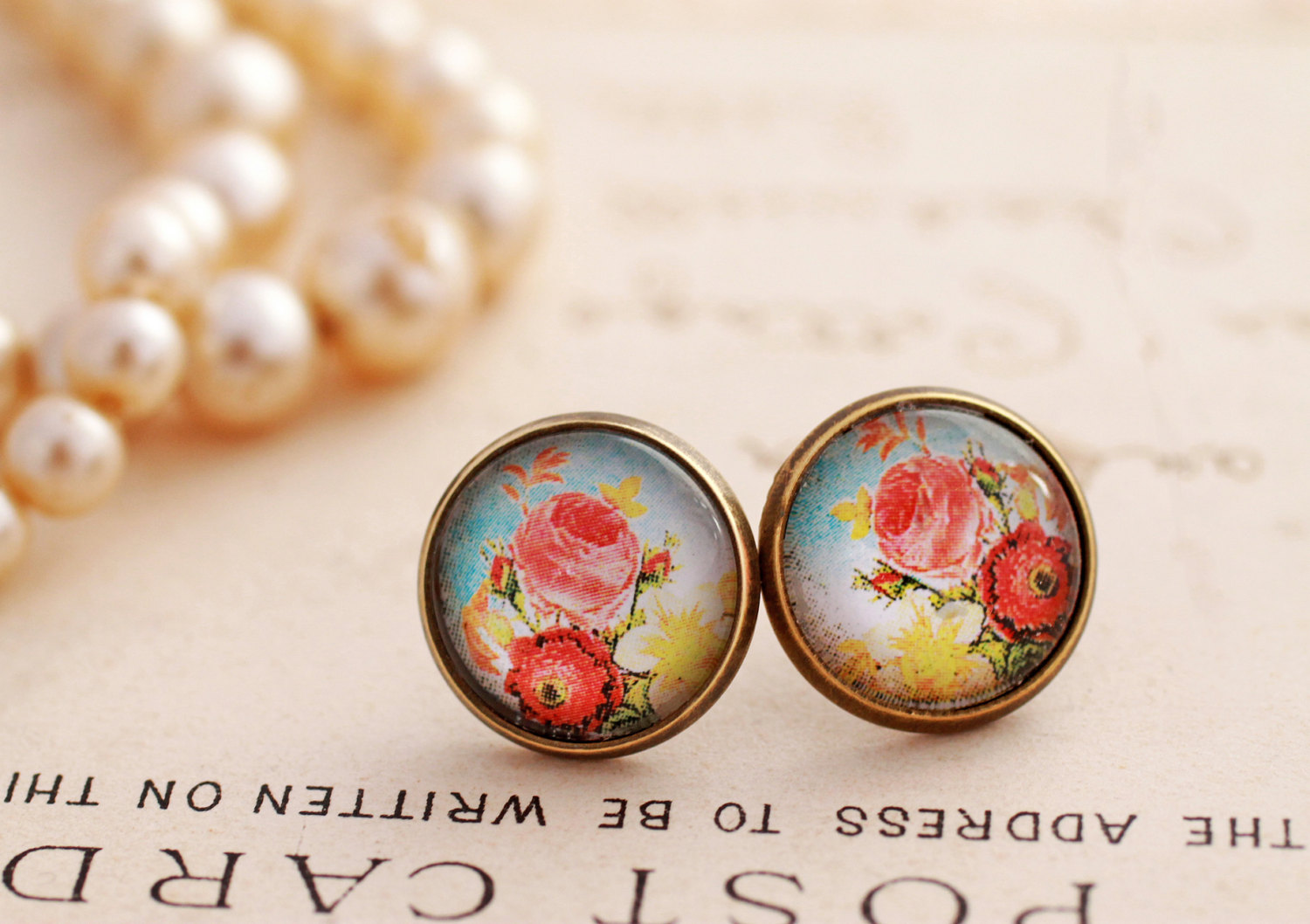 Blue Floral Earrings, Victorian Rose Earrings, Rose Stud Earrings on Luulla
