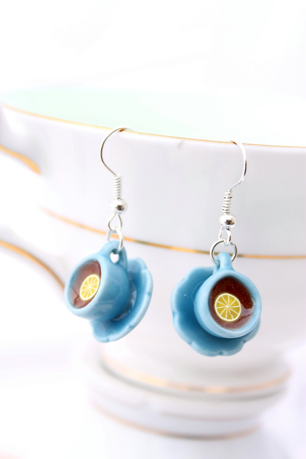 Blue Teacup Earrings, Tiny Teacup Earrings, Alice In Wonderland Jewelry